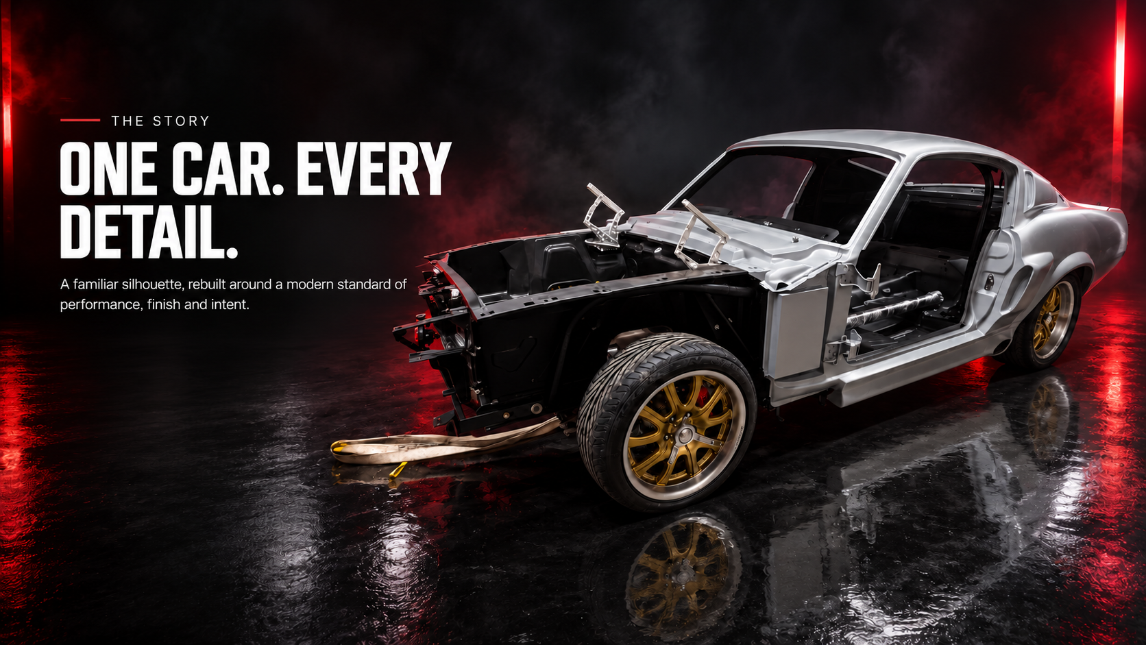 Unfinished HELLANOR body and chassis on a wet black studio floor with red edge lighting